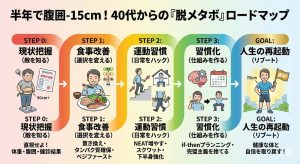健康診断で「要再検査」におびえる40代へ。半年で腹囲-15cmを実現した元メタボ当事者が、根性論抜きで確実に結果を出すための「脱メタボ・ロードマップ」を完全公開。食事・運動・習慣化の全ステップを網羅した、人生最後の体質改善ガイドです。