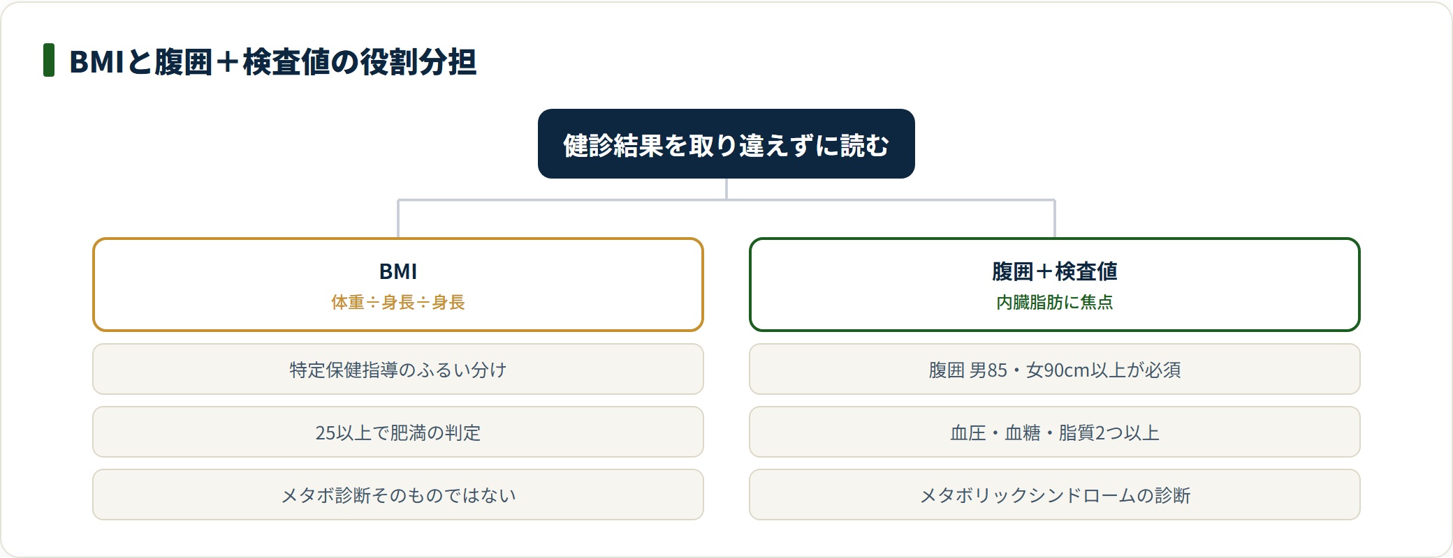 BMIはふるい分け・肥満判定、腹囲と検査値がメタボ診断という役割分担を示したツリー図。