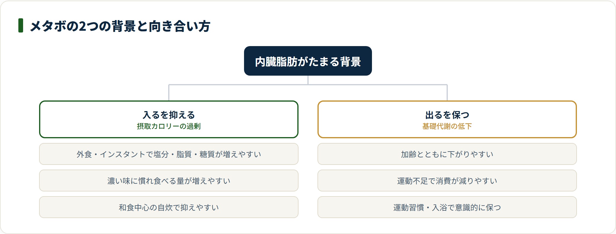 摂取カロリーを抑え基礎代謝を保つ2方向でメタボに向き合う整理を示した図。