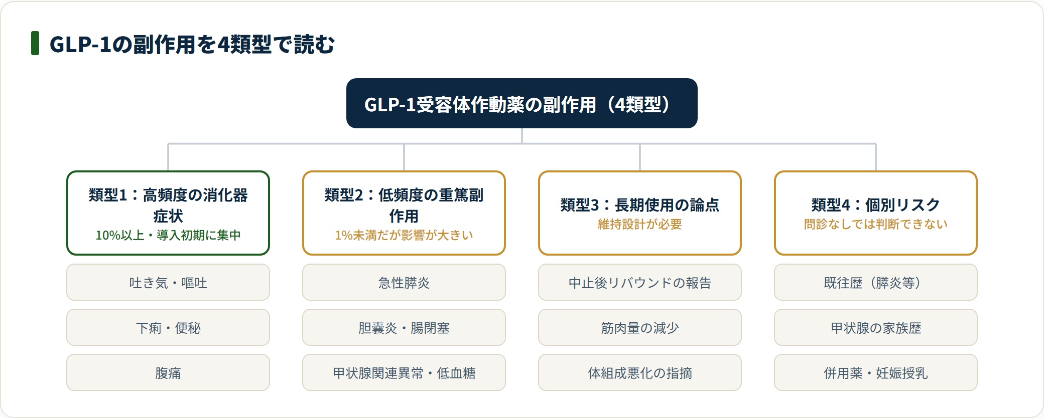GLP-1の副作用を高頻度・重篤・長期・個別の4類型に分けて整理した図。