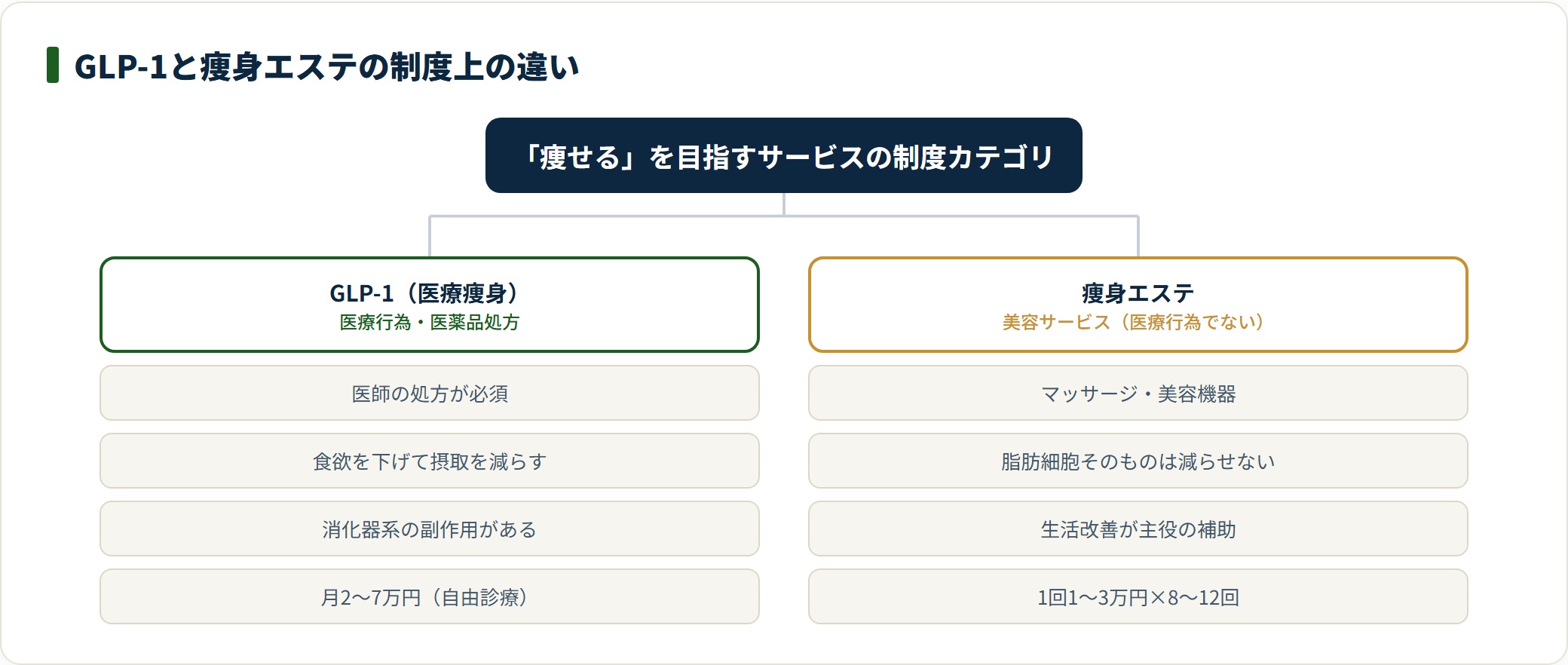 GLP-1と痩身エステを医療行為か美容サービスかで分類し特徴を並べた図。