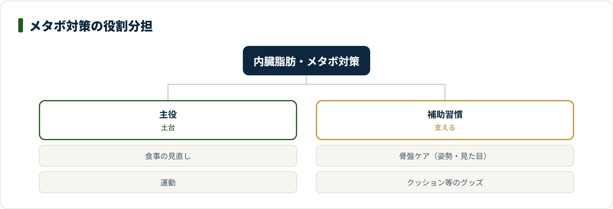 メタボ対策の主役（食事・運動）と補助（骨盤ケア）の役割分担を示した分類図。