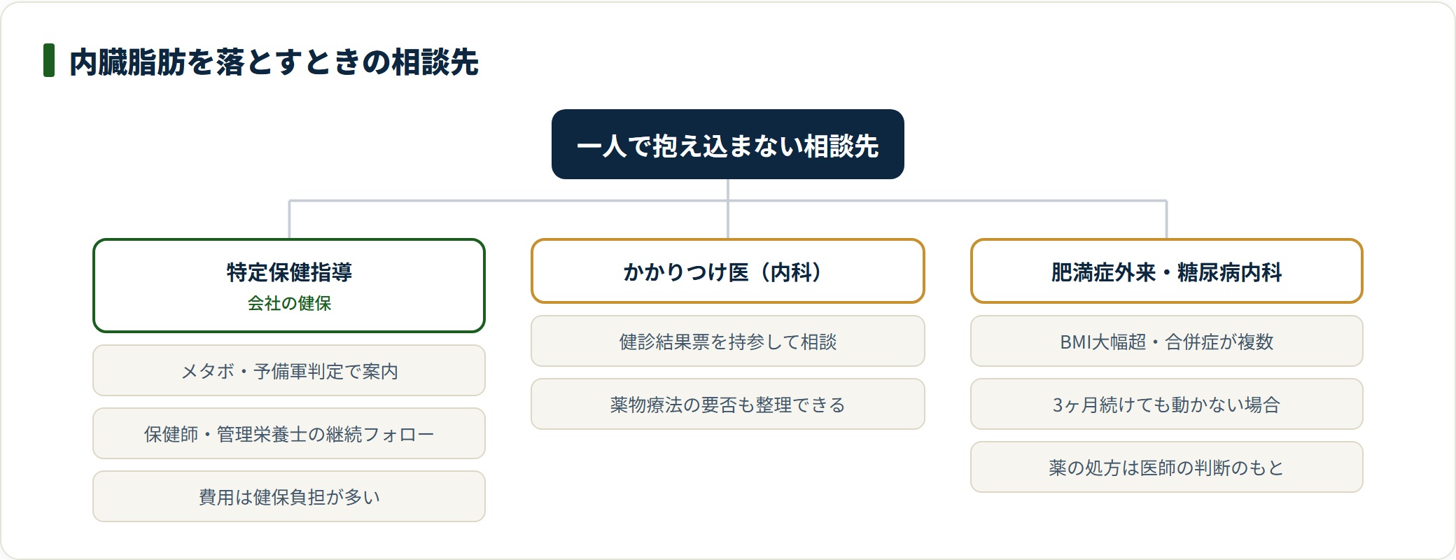 特定保健指導・かかりつけ医・肥満症外来の3つの相談先を状況別に分類したツリー図。