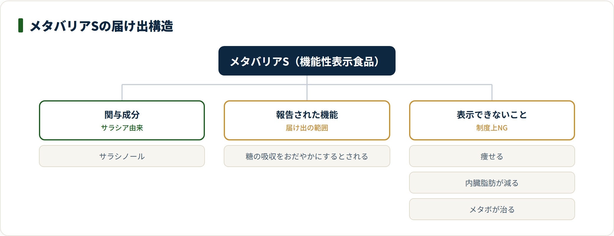 メタバリアSの関与成分サラシノールと報告された機能、表示できない内容を整理した分類図。