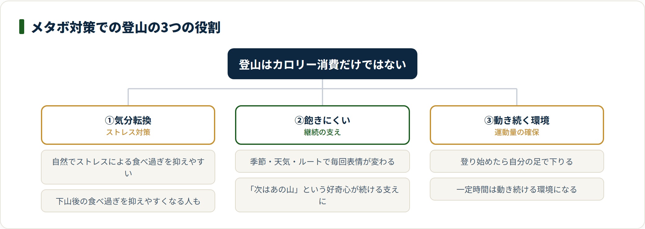 メタボ対策における登山の3つの役割を分類した図。