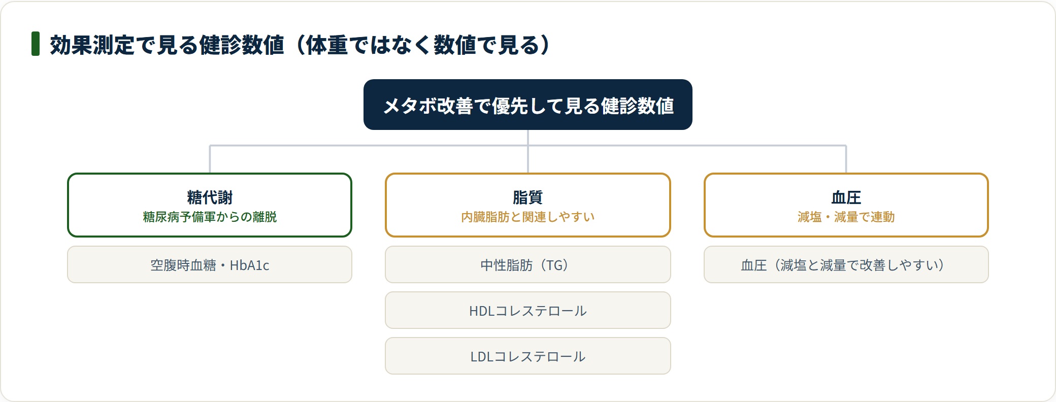 メタボ改善の効果測定は糖代謝・脂質・血圧の健診数値で見ることを示す図。