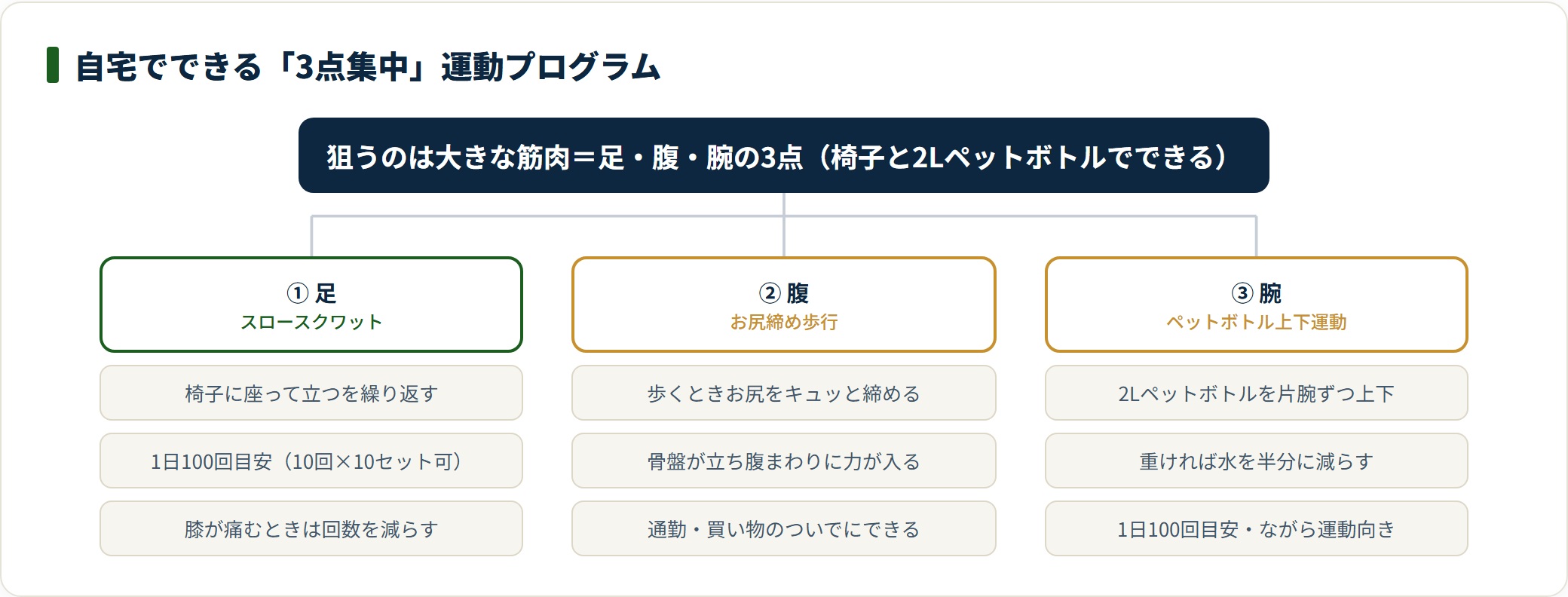 足はスロースクワット、腹はお尻締め歩行、腕はペットボトル上下運動という3点集中の運動プログラムを示した図。