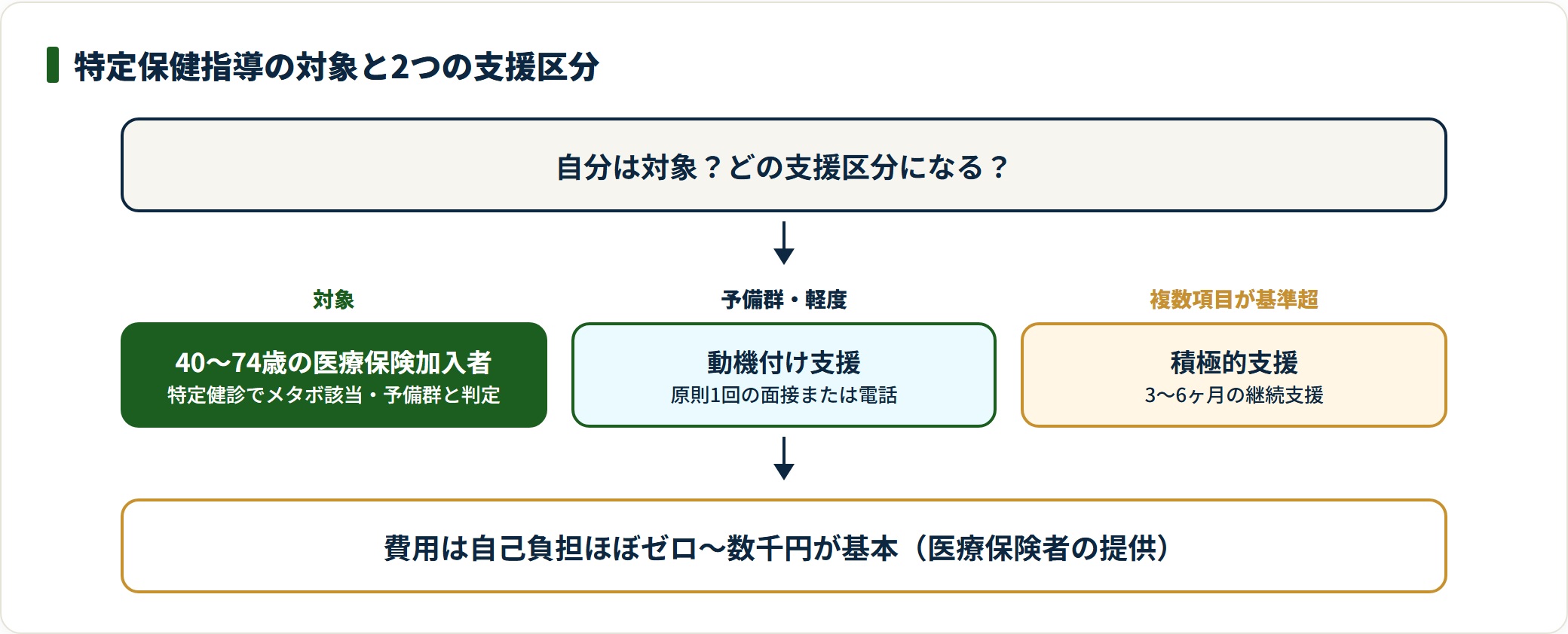特定保健指導の対象と、動機付け支援・積極的支援の2区分を示した図。