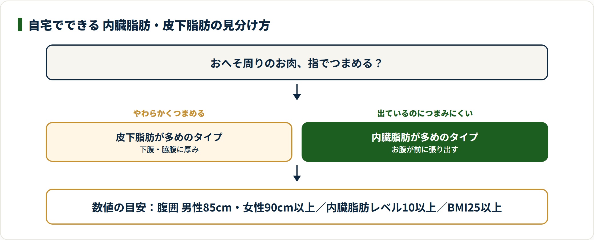 指でやわらかくつまめれば皮下脂肪型、張り出すのにつまみにくければ内臓脂肪型という簡易な見分け方のフロー