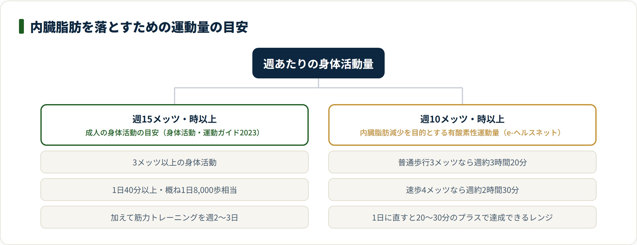 内臓脂肪を落とすための運動量の目安を、週15メッツ・時の身体活動と週10メッツ・時の有酸素運動に分けて整理した図。