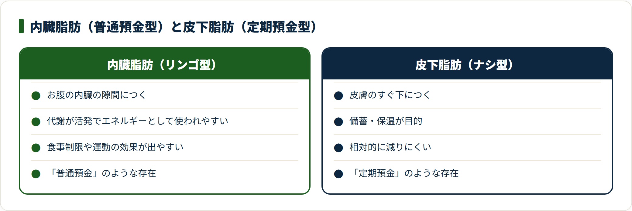 内臓脂肪は普通預金型で効果が出やすく、皮下脂肪は定期預金型で減りにくいことを示す比較図。