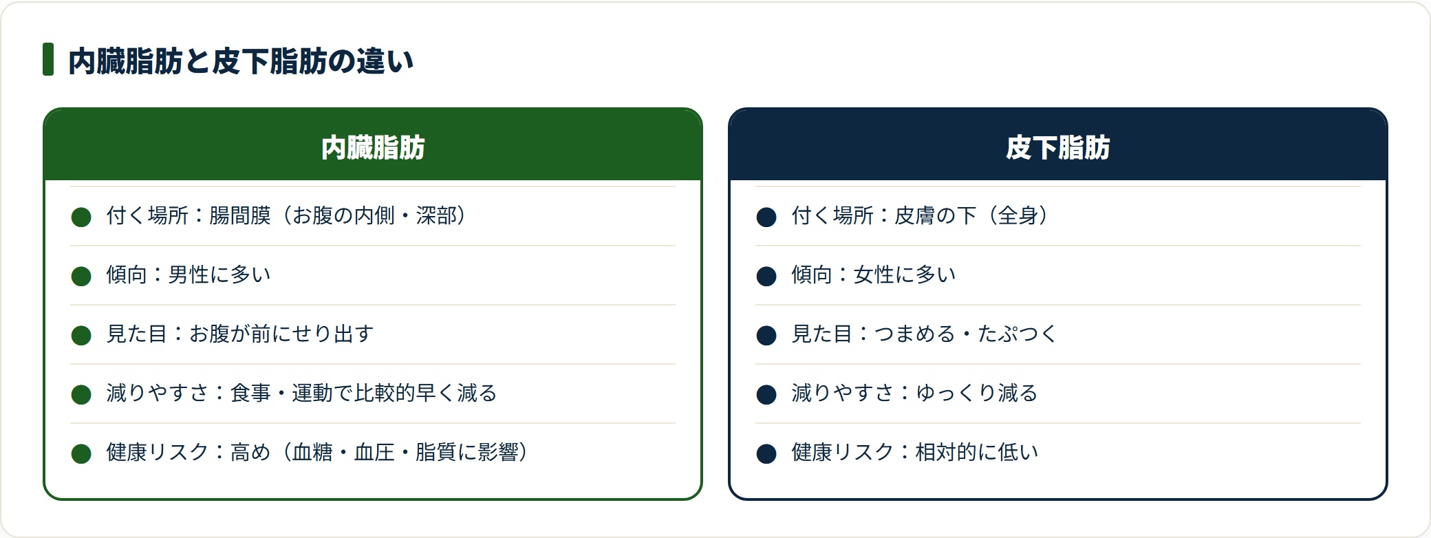 内臓脂肪と皮下脂肪の付く場所・減りやすさ・健康リスクの違いを対比した図。